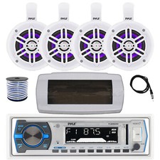 Pyle Marine Radio, Cover, Antenna,Wire, 4x 4" 300W Bluetooth LED White Speakers