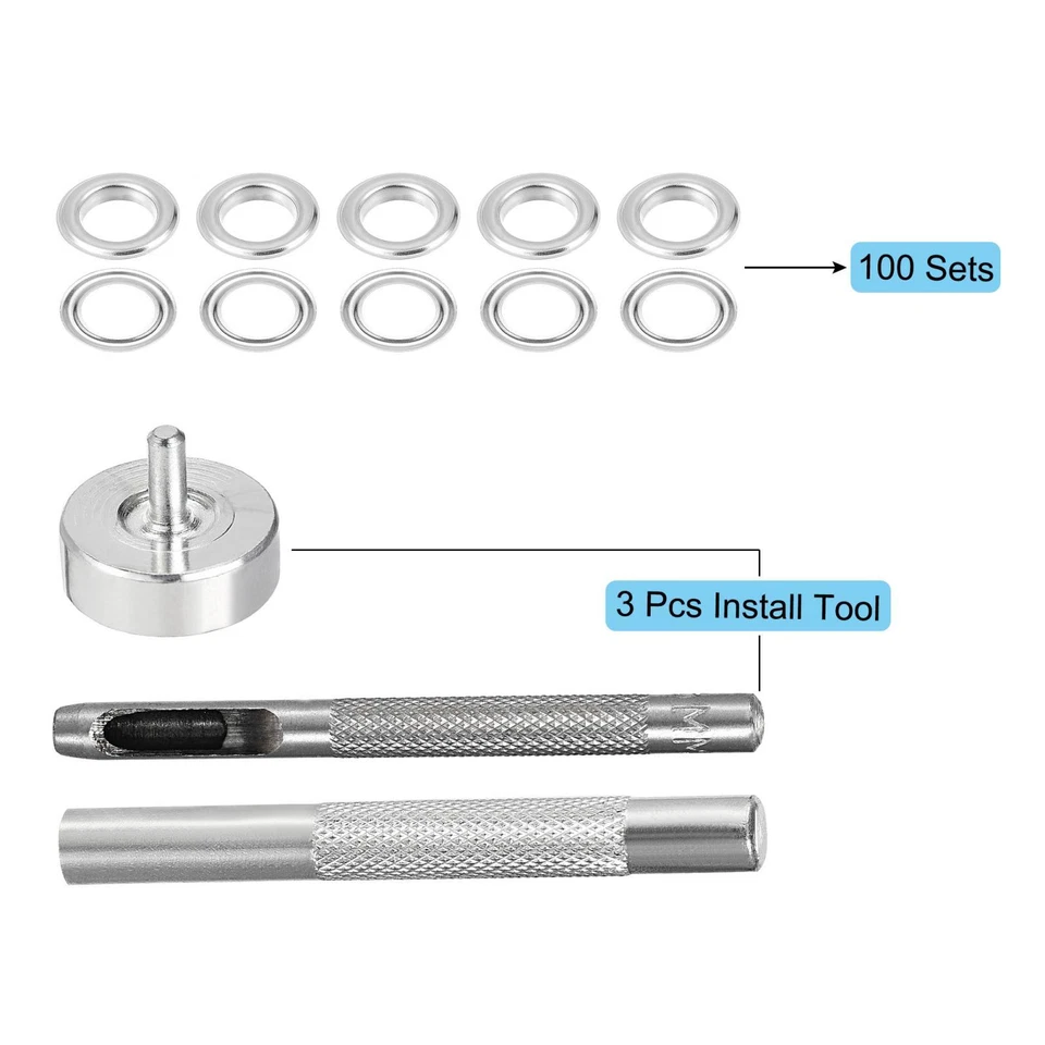 Œillet Outil 100Set Cuivre Oeillets Œillet 3pcs Outils 5mm Interne Dia Argenté - Photo 2/4
