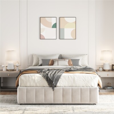 Upholstered Bed with Underbed 4 Storage Drawers, Large Storage Space, Full/Queen