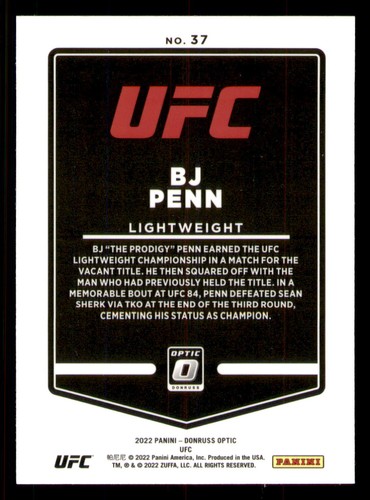 BJ Penn 2022 Donruss Optic UFC #37 - Imagen 2 de 2