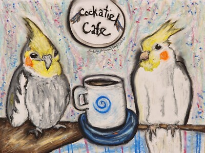 COCKATIEL drinking Coffee 11x14 Art Print Bird Collectable Signed Artist KSams