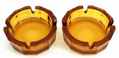 PAIR of 60’s Amber Blenko Pebbled Art Glass Ashtrays Heavy Retro 3 7/8" 8 sided