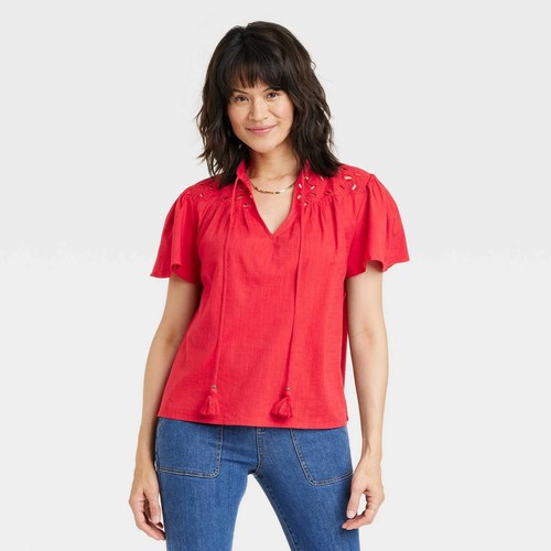 Knox Rose Women's Short Sleeve V-Neck Woven Eyelet Top Red Size XL