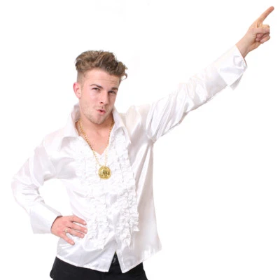 ILOVEFANCYDRESS MENS WHITE DISCO RUFFLE SHIRT ADULT FANCY DRESS COSTUME 60S 1970S S M L XL XXL