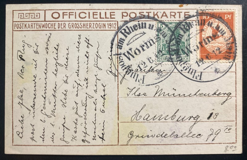 1912 Worms Germany Schwaben Zeppelin LZ10 Airmail RPPC Postcard Cover To Hamburg