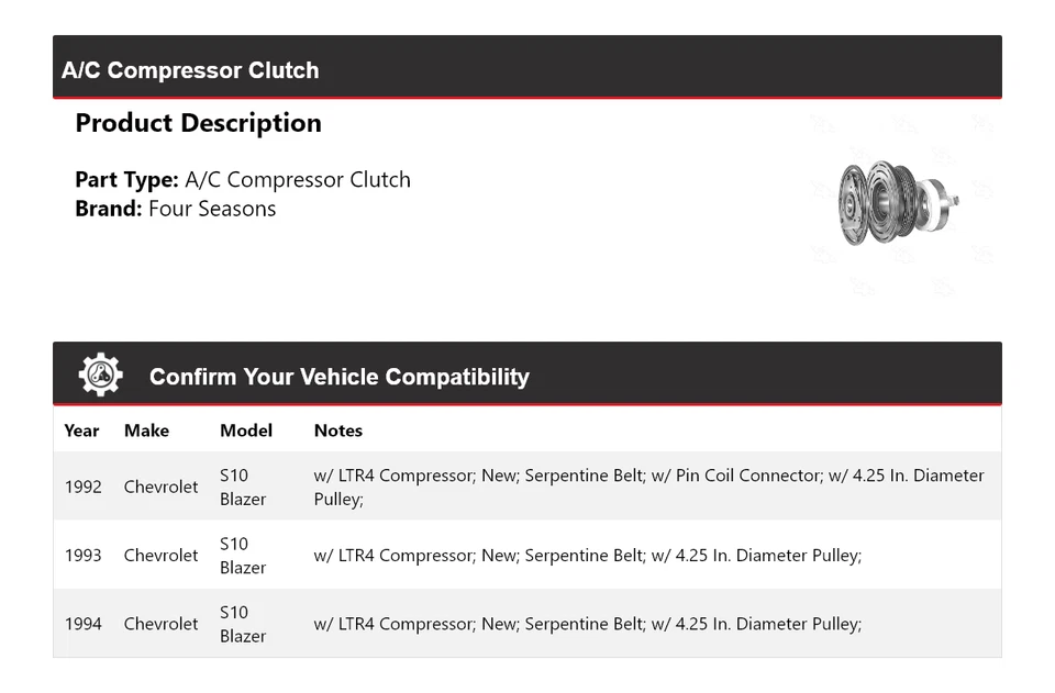 Embrague compresor aire acondicionado Chevrolet S10 Blazer 1992-1994 4 estaciones 1993 Foto 2 de 4