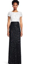 $299 NWT ADRIANNA PAPELL Sz4 SEQUIN BEADED COLORBLOCK MERMAID GOWN IVORY/BLACK