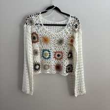 Debut Women L Granny Square Crochet Open Knit Boho Retro 70s Pullover Sweater