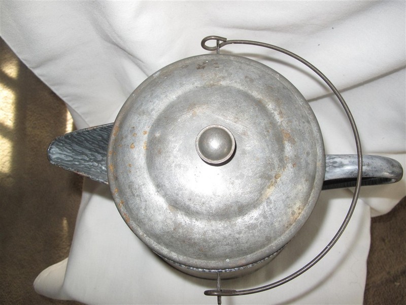 Vintage Large Cowboy Coffee Pot Gray Enamelware Graniteware Kettle Handle Lid