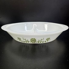 Glasbake Divided Serving Dish 12" White Green Daisy J2352 Vintage Milk Glass MCM