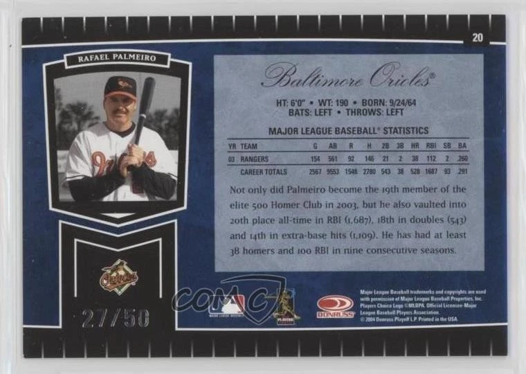 2004 Leaf Certified Cuts Marble Blue /50 Rafael Palmeiro #20 - Image 2 of 2