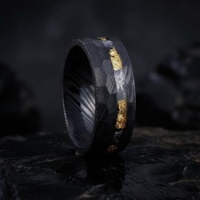 Meteorite Ring with Gold Leaf, Gold Leaf Ring, Hammered Black Damascus Ring,