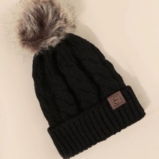 NWT Black Cable Knit Pom Beanie Hat