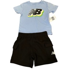 New Balance Kids Light Blue Logo T Shirt Black Cargo Shorts Set 2T