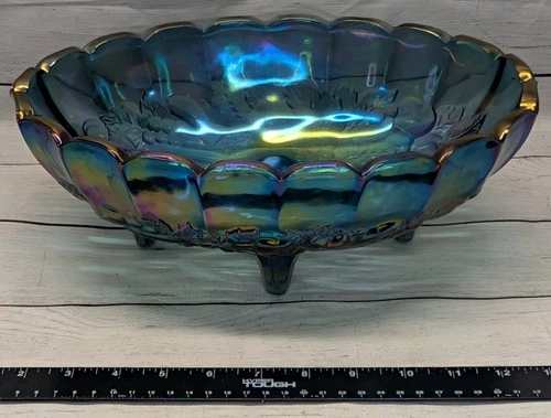 Vtg Indiana Carnival Glass Heavy Oval Blue Iridescent Footed Bowl Harvest Grapes