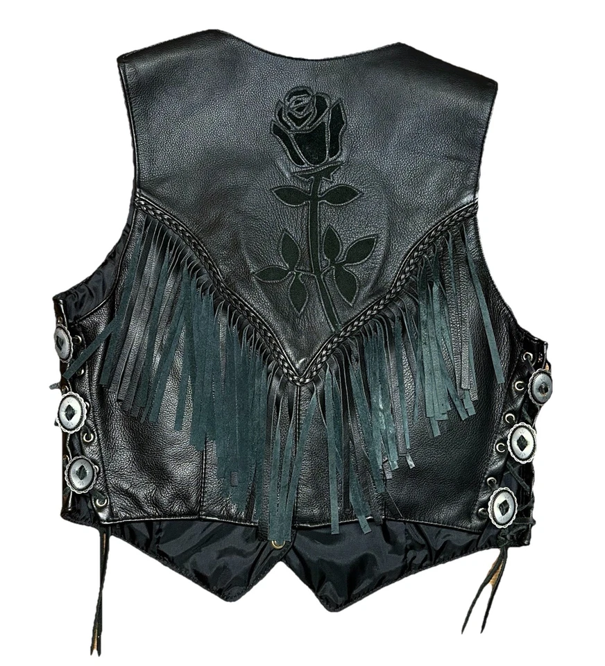 VTG 90s Fashions By Rose Black Leather Biker Vest Womans Side Laces/Fringe USA - Image 2 of 4