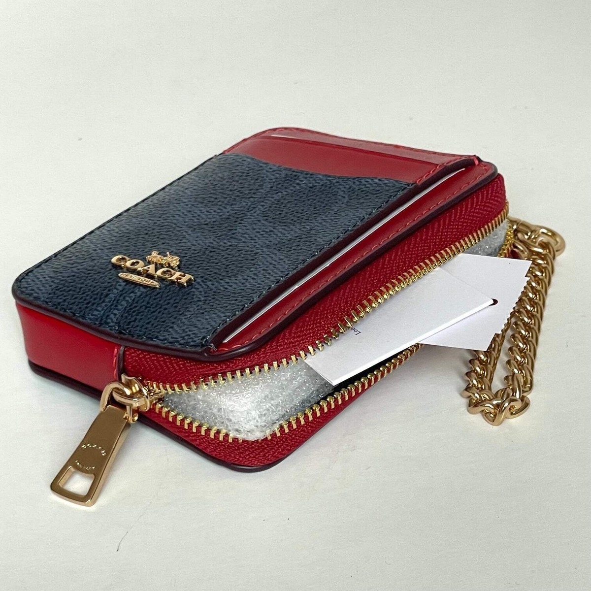 Coach Zip Card Case Wallet CW883 Blue Denim Red Signature Canvas