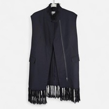 Abito 3.1 Phillip Lim nero lana frange zip senza maniche giacca gilet taglia S
