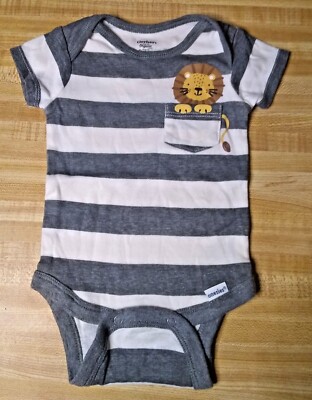 Gerber Baby Boy Size 0-3 Months 100% Cotton Gray & White Striped Lion Onesie