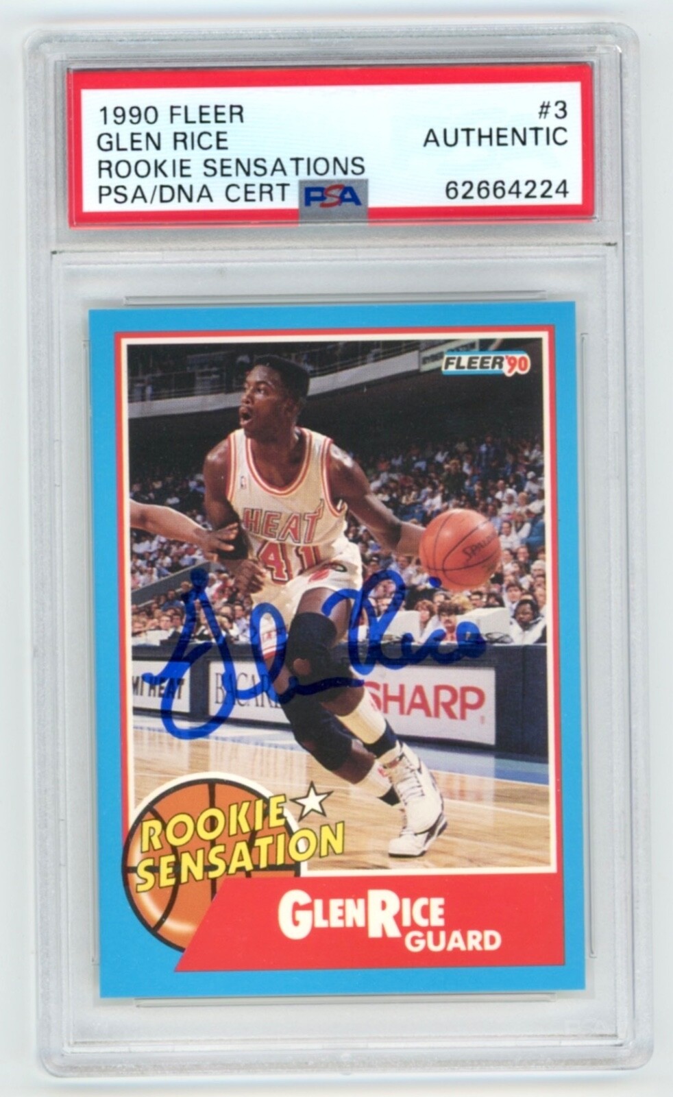 GLEN RICE Signed 1990 Fleer ROOKIE SENSATION Basketball Card PSA Auto view 1