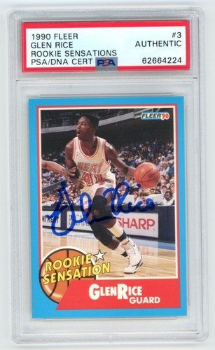 GLEN RICE Signed 1990 Fleer ROOKIE SENSATION Basketball Card  PSA Auto