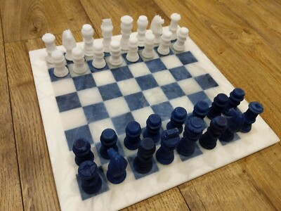 15'' Marble Alabaster Blue & White Chess Board Set with Elegance Chess Pieces