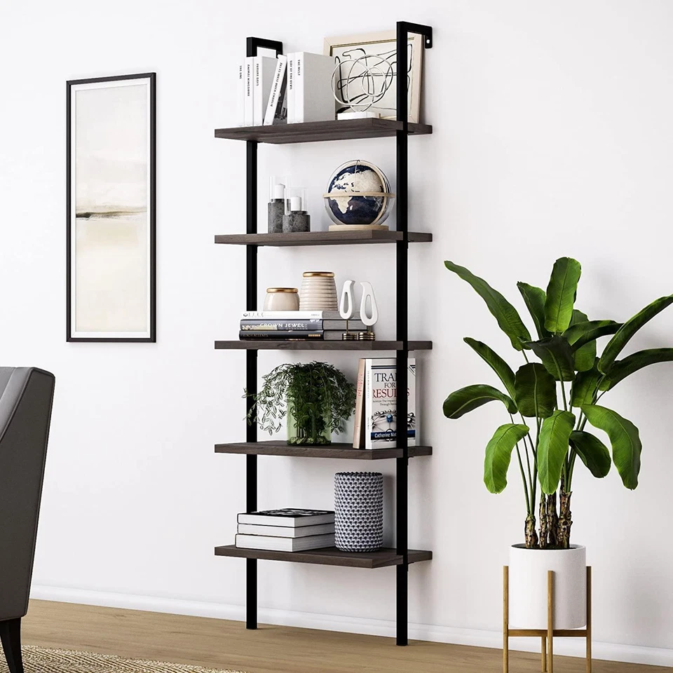 5 Tier Shelf Wood Ladder Bookcase w/ Metal Frame Industrial Modern Bookshelf