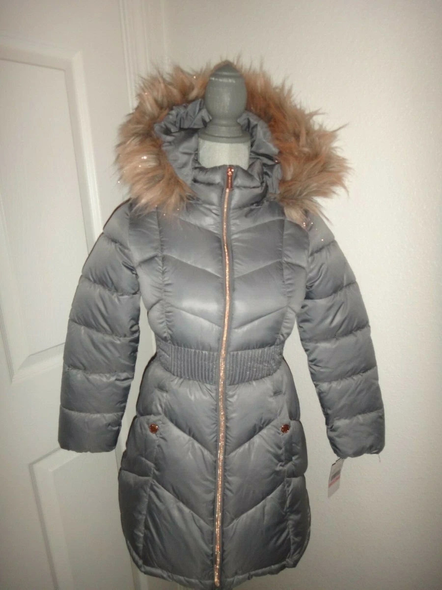 Michael Kors Kids Girl s Gunmetal Gray Puffer Coat Faux Fur Removable Hood 10 12