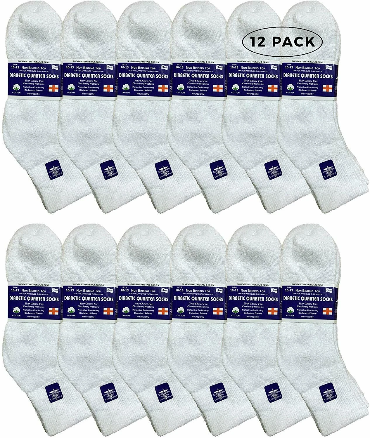 12 Pack Women's Diabetic Cotton Ankle Socks Soft Non-Binding Socks 9-11 White