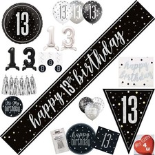 Black 13th & Happy Birthday Decorations Party Bunting Silver Banner Balloons Age