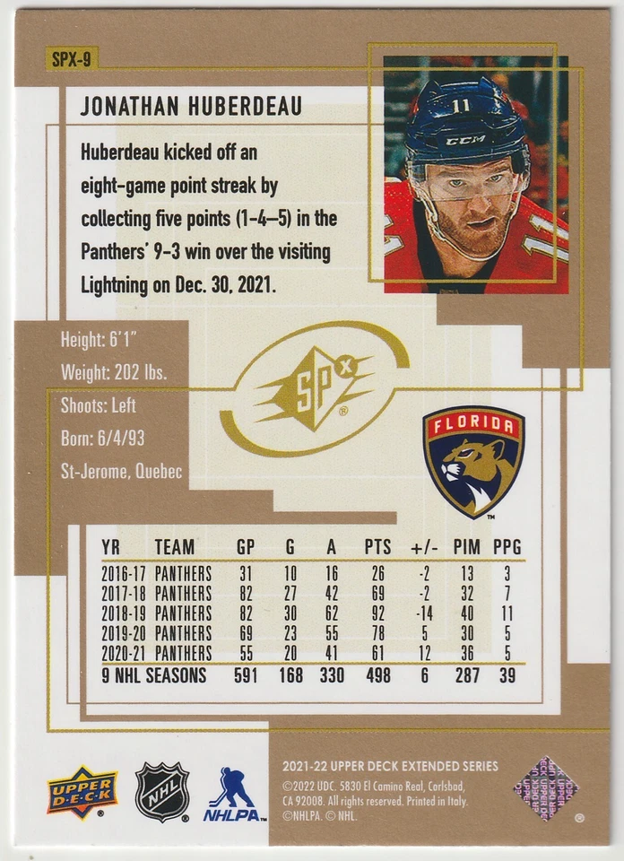 2021-22 UD Extended Series SPx Retro Jonathan Huberdeau SPX-9 Florida Panthers - Image 2 of 2