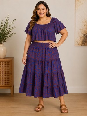 Nine West 2 Piece Skirt Set XXL Blue Rust Abstract Smocked Puff Sleeve NWT