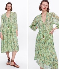ZARA WOMAN GREEN TASSELS POM POM PRINTED SHIMMERY MIDI KAFTAN DRESS SIZE L