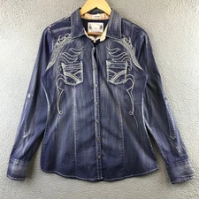 Roar Womens M Blue Denim Long Sleeve Embellished Western Shirt Top