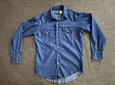 Vintage Wrangler Denim Made in USA Pearl Snap Preshrunk Shirt Men 16 X 34 Size L