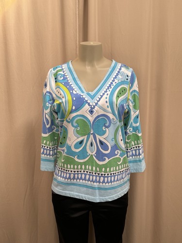 Barbara Gerwit XL Paisley Floral V-Neck Top Blue Green 3/4 Sleeve Knit Tunic