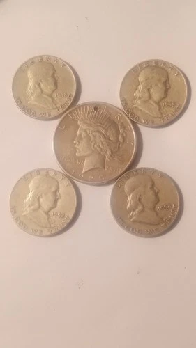 $3 Face 90% Silver Lot 1-Peace Dollar 4-Franklin Halves Exact Coins Junk Bullion