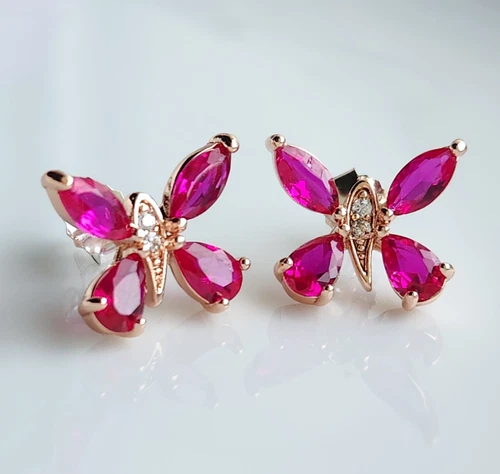 GENUINE 925 Sterling Silver 3.5x6mm Ruby 5/8'' Earrings Rose Gold Plated - Picture 1 of 3