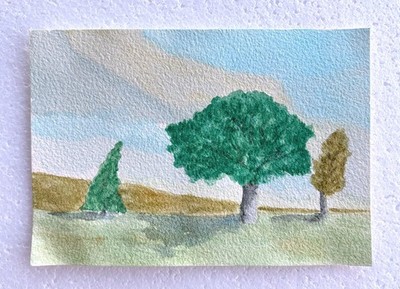 Original Watercolor Painting Country Landscape Trees Meadow Fine Art Signed 5x7