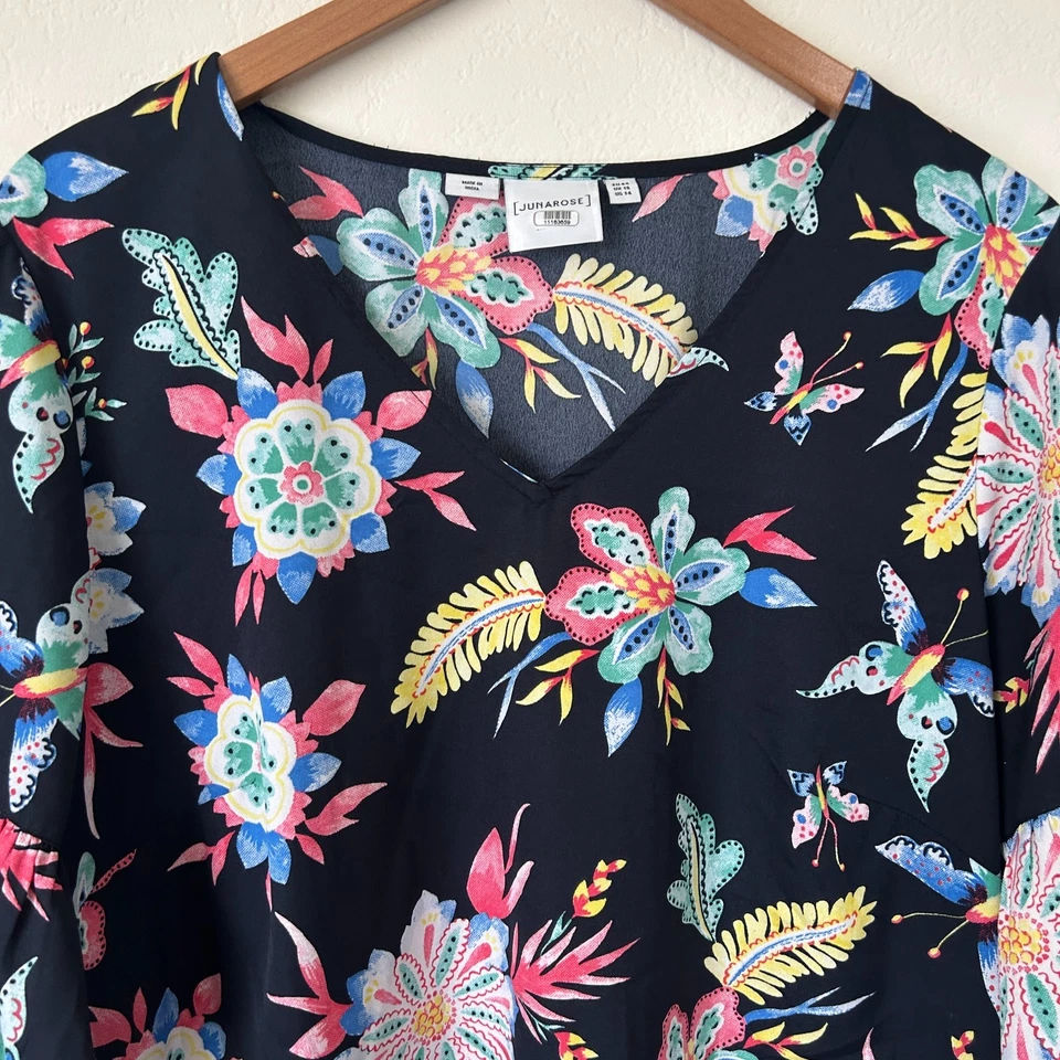 Junarose Top Womens 14 Black Allover Floral Print Short Ruffle Sleeve Blouse - Image 2 of 4