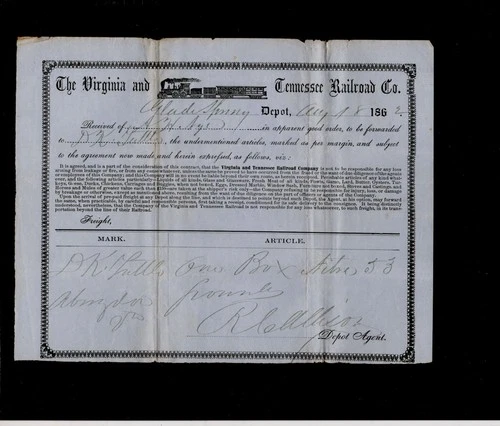 CSA documents - VA & TN Railroad Co 1862 receipt & 1864 funds transfer