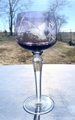 Vintage Bohemian Cut to Clear Amethyst Purple Crystal Wine Glass 8 