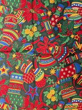 Cranston Cotton Christmas Fabric Bells, Stockings, Holly on Green 1 Yd X 44" New