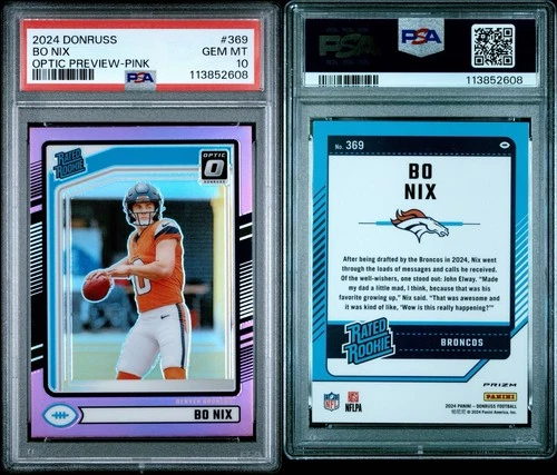 Bo Nix 2024 Donruss Optic 💎 PSA 10 GEM 💎 Preview Pink Rated Rookie RC #369