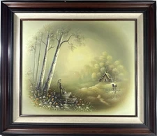 Sue Young Oil Painting 31x27 Country Cabin Landscape Pump Flowers Framed Art
