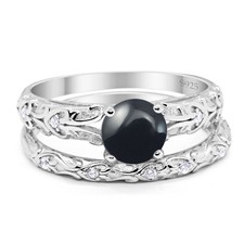 Two Piece Round Natural Black Onyx Filigree Ring 925 Sterling Silver