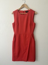 Tamari Dress Womens 6 Red Orange Knee Pockets Faux Wrap Lined Sleeveless Career