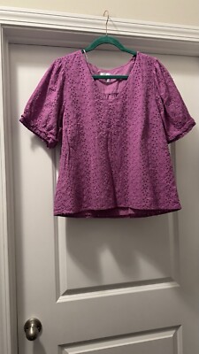 DRAPER JAMES Blouse Womens Large Purple VNeck Short Puff Sleeve Eyelet Top