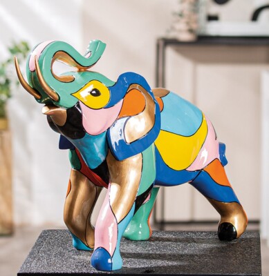 Gilde Skulptur Elefant XL Breite 43 cm bunt Colorblock Kunstharz 51731