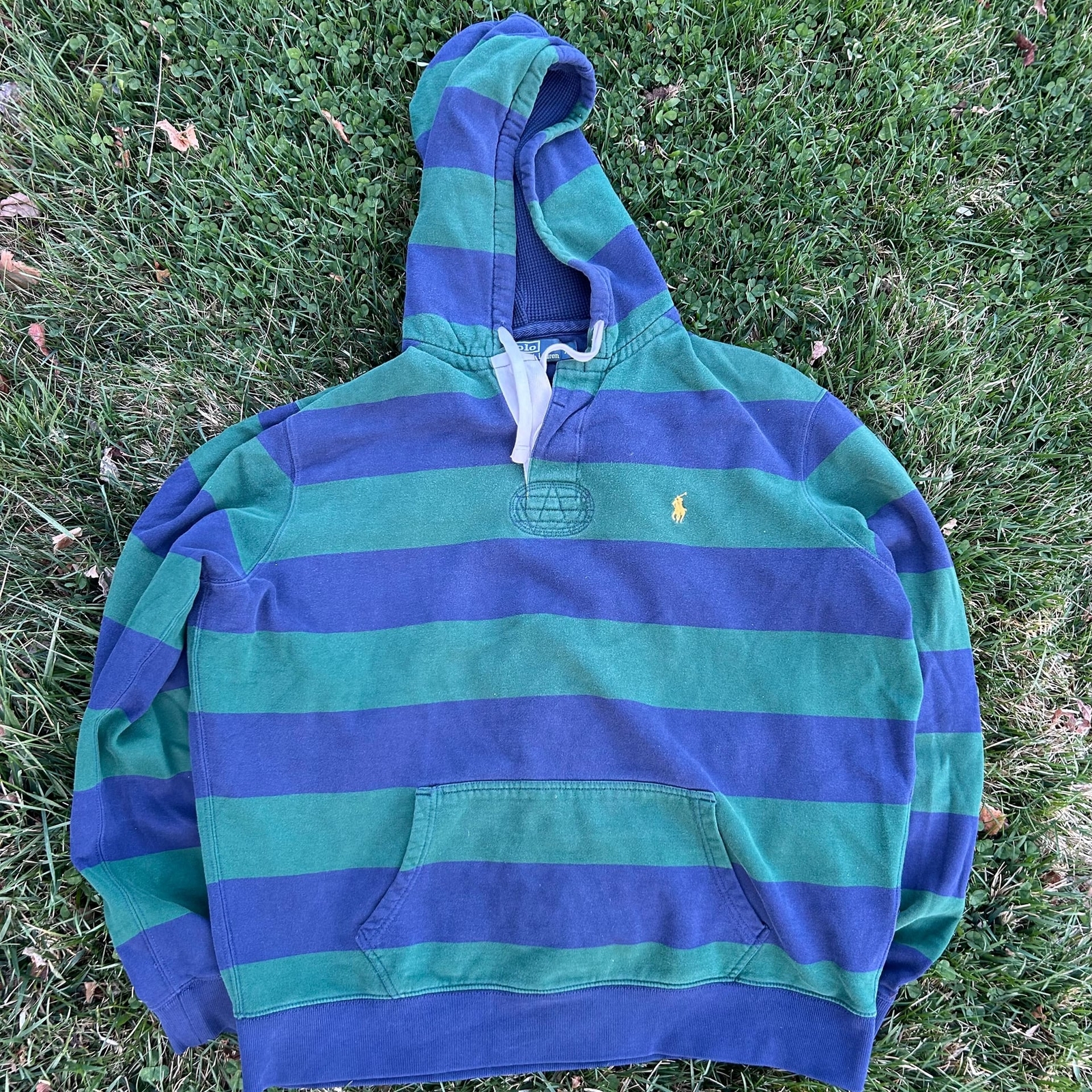 Felpa con cappuccio vintage Polo Ralph Lauren Rugby verde blu a righe pony uomo XL